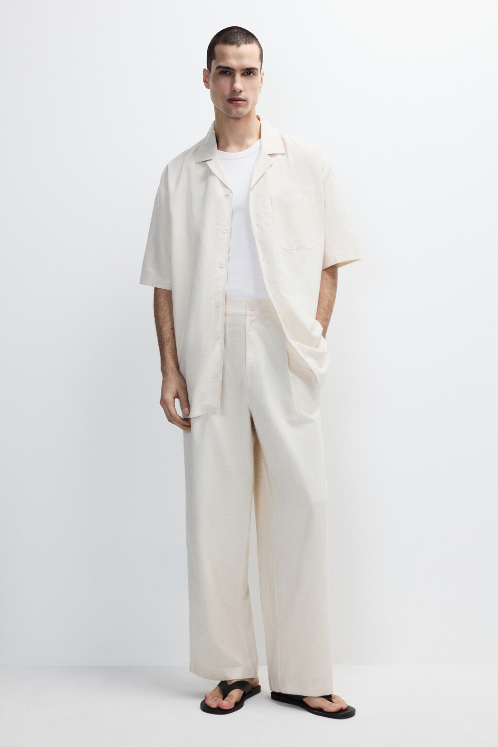 Рубашка льняная с коротким рукавом - цвет молочный - 4