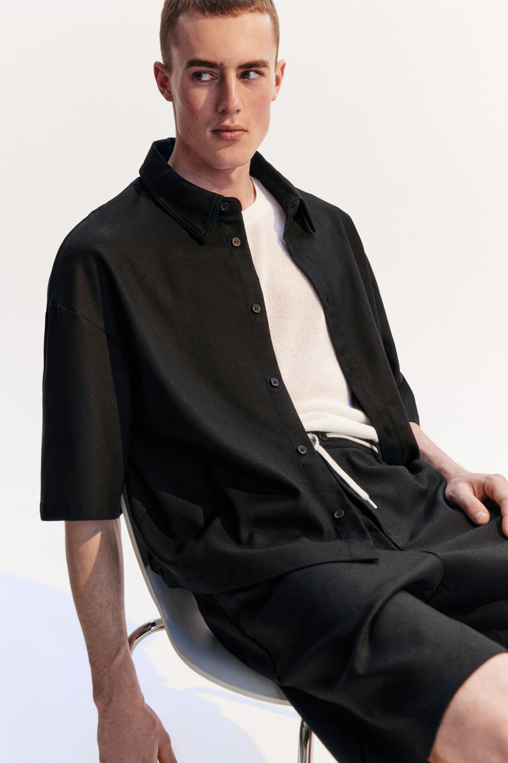 Рубашка льняная с коротким рукавом - цвет черный - 1