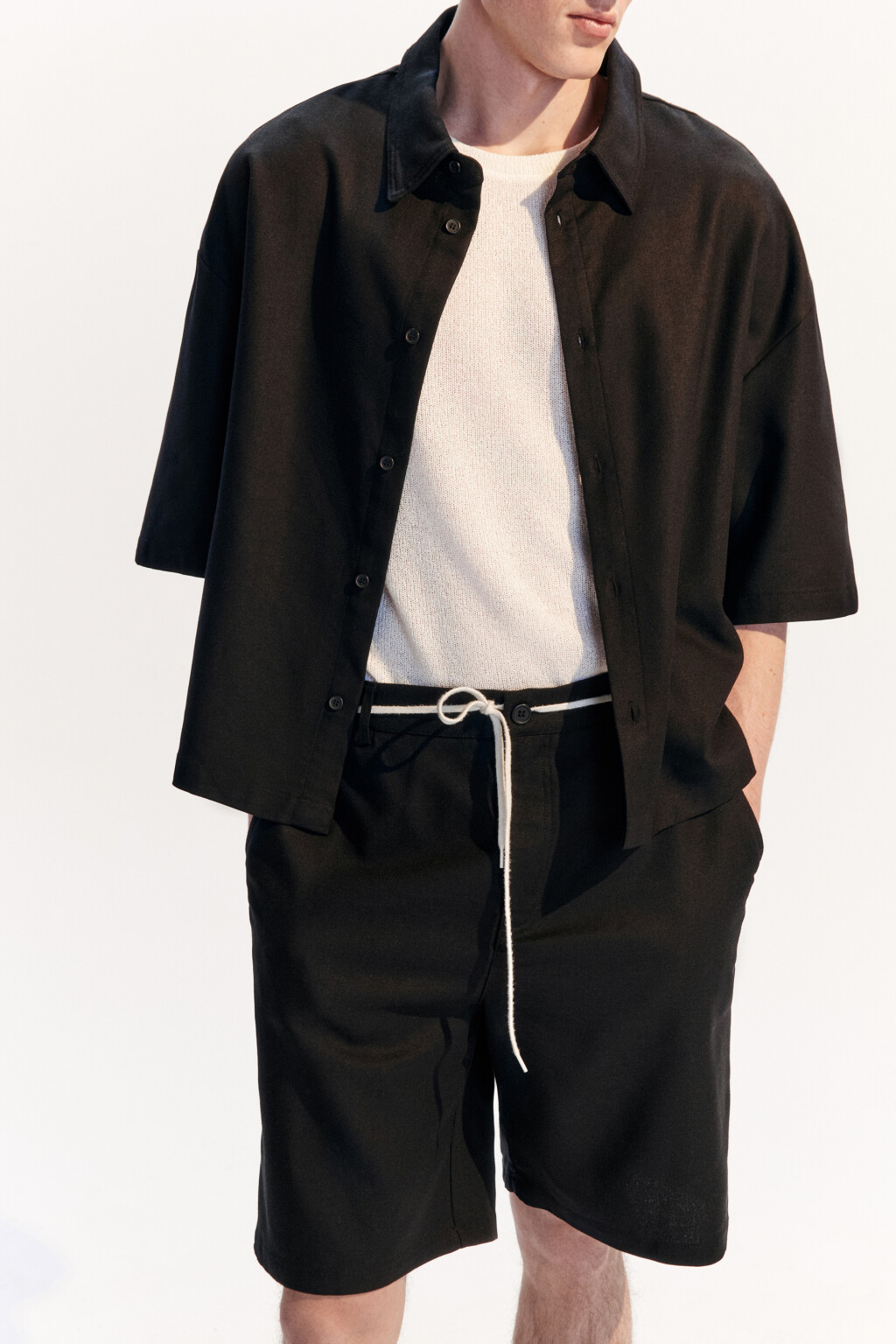 Рубашка льняная с коротким рукавом - цвет черный - 2