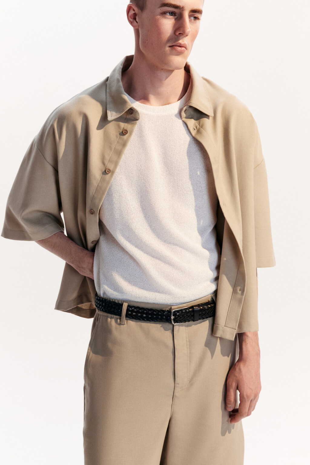 Рубашка льняная с коротким рукавом - цвет коричневый - 1