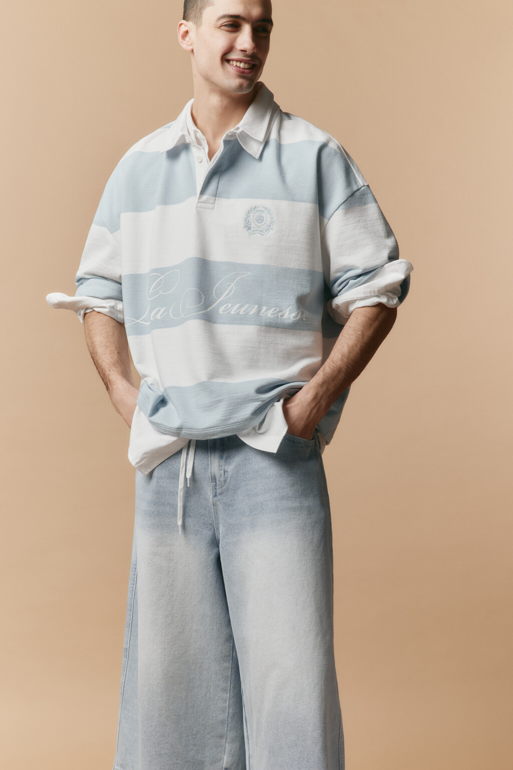 Футболка-поло в полоску с надписью - цвет синий - 1