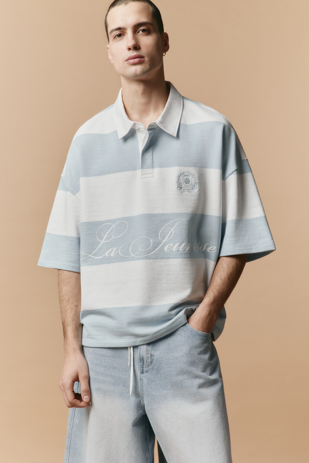 Футболка-поло в полоску с надписью - цвет синий - 2