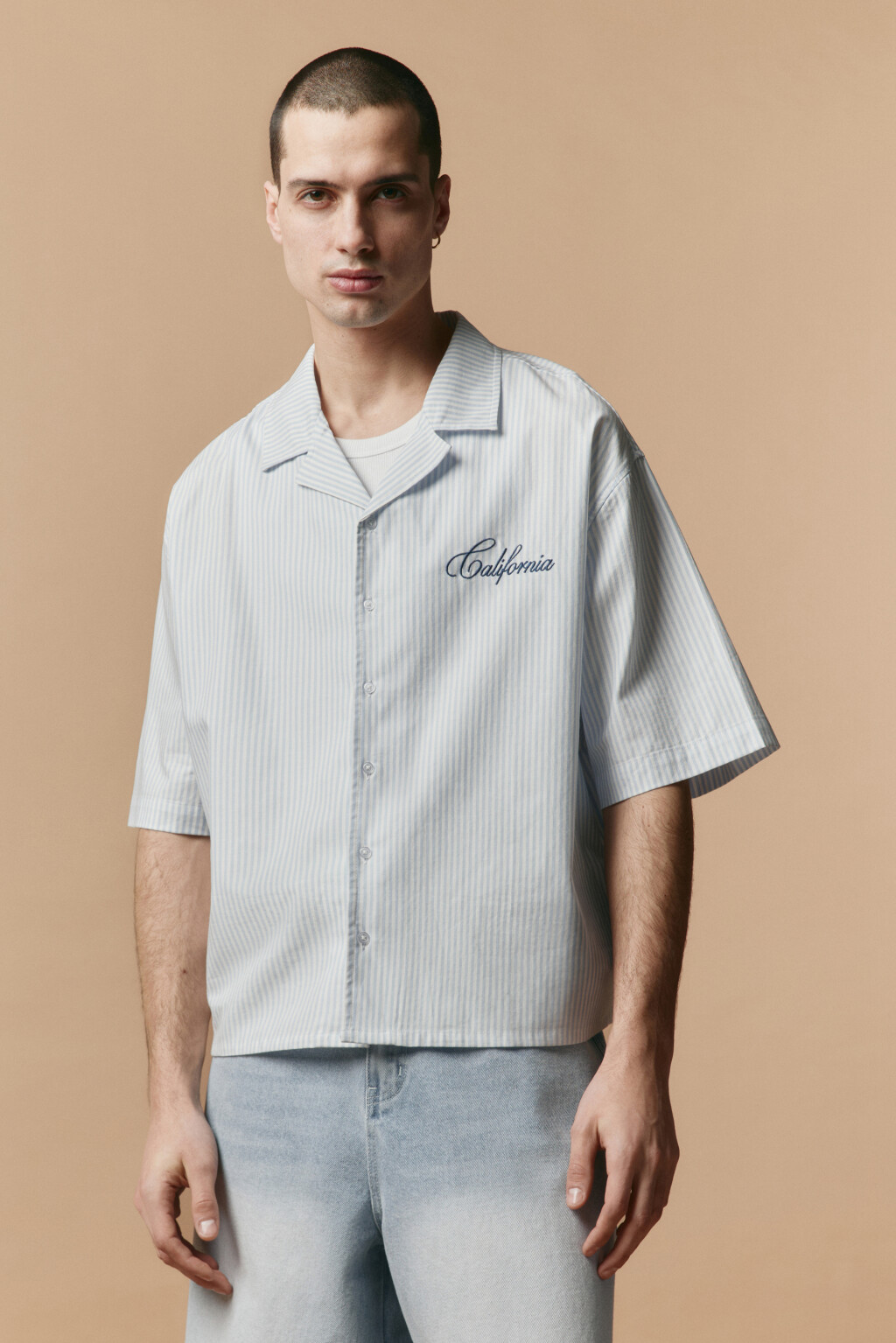 Рубашка хлопковая в полоску с вышивкой - цвет синий - 4