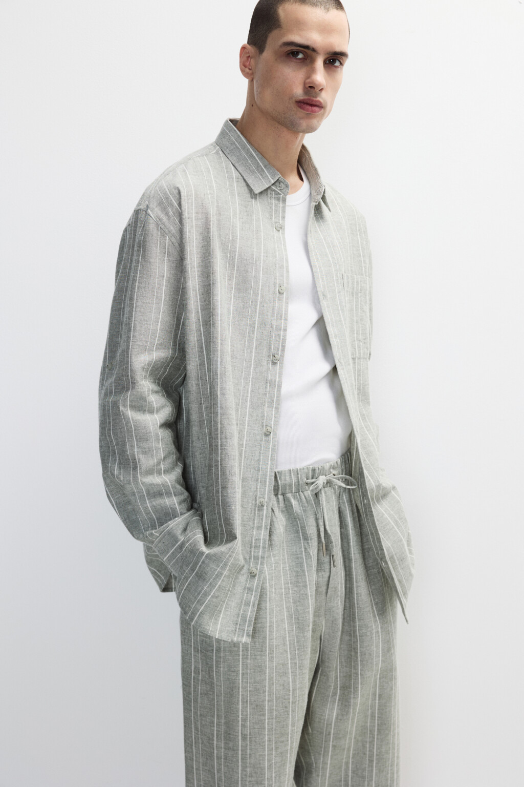 Рубашка льняная в полоску - цвет зеленый - 1