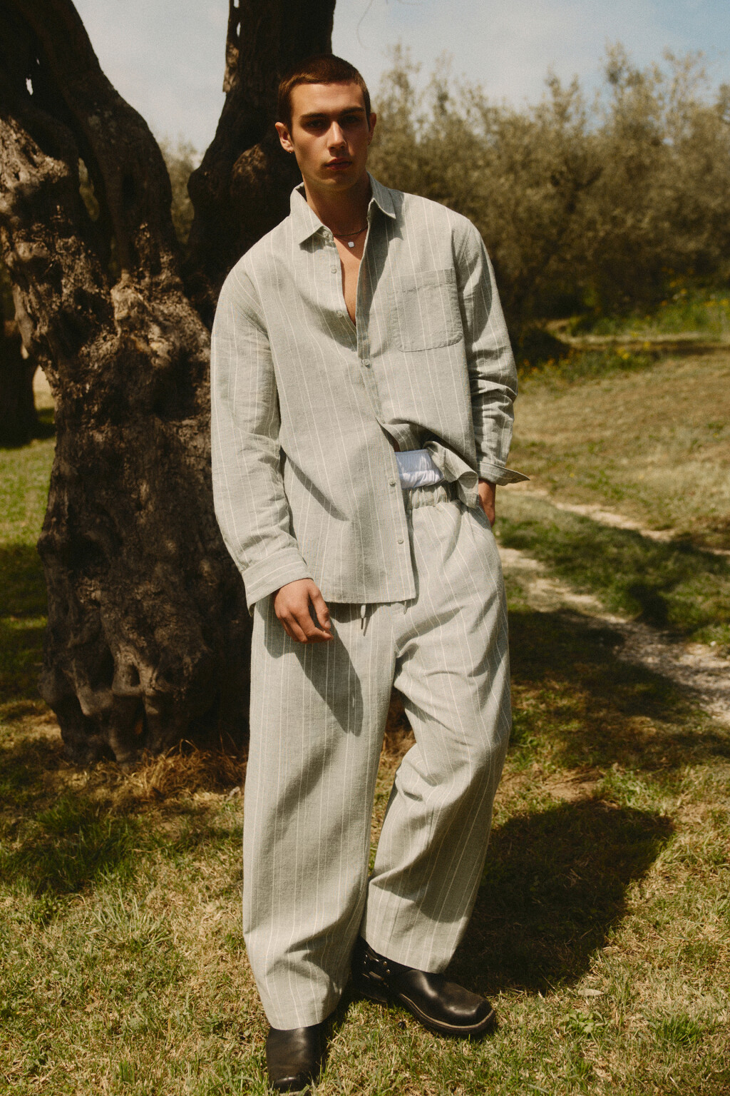 Рубашка льняная в полоску - цвет зеленый - 9