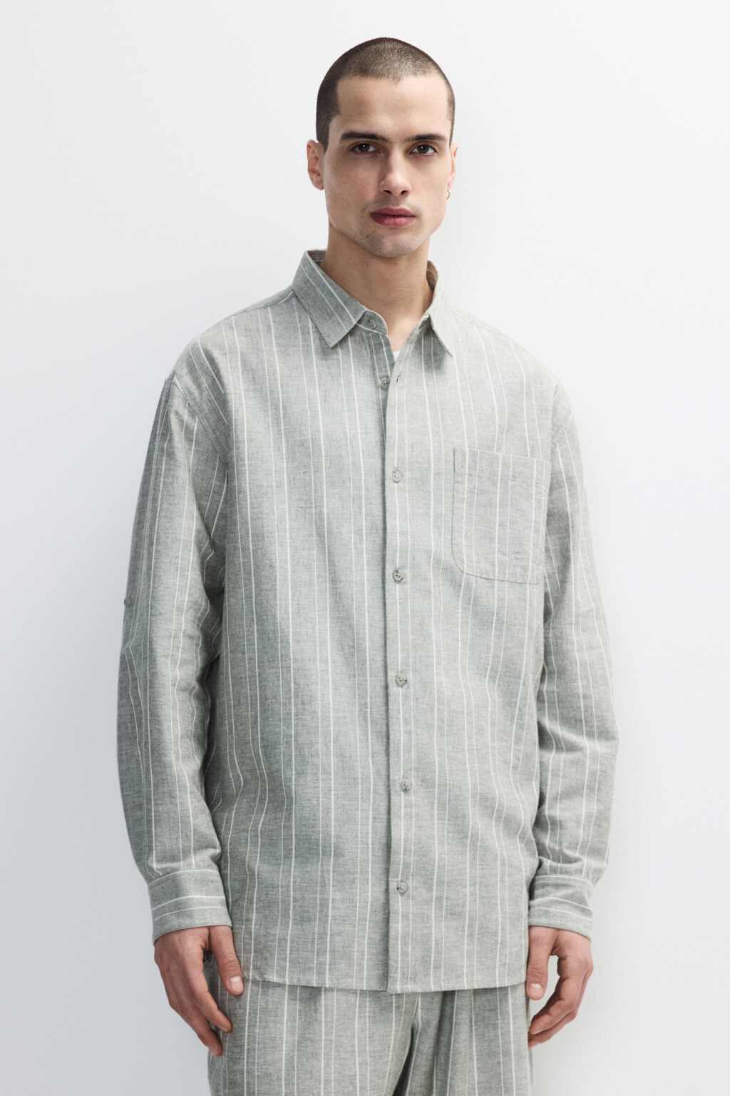 Рубашка льняная в полоску - цвет зеленый - 3