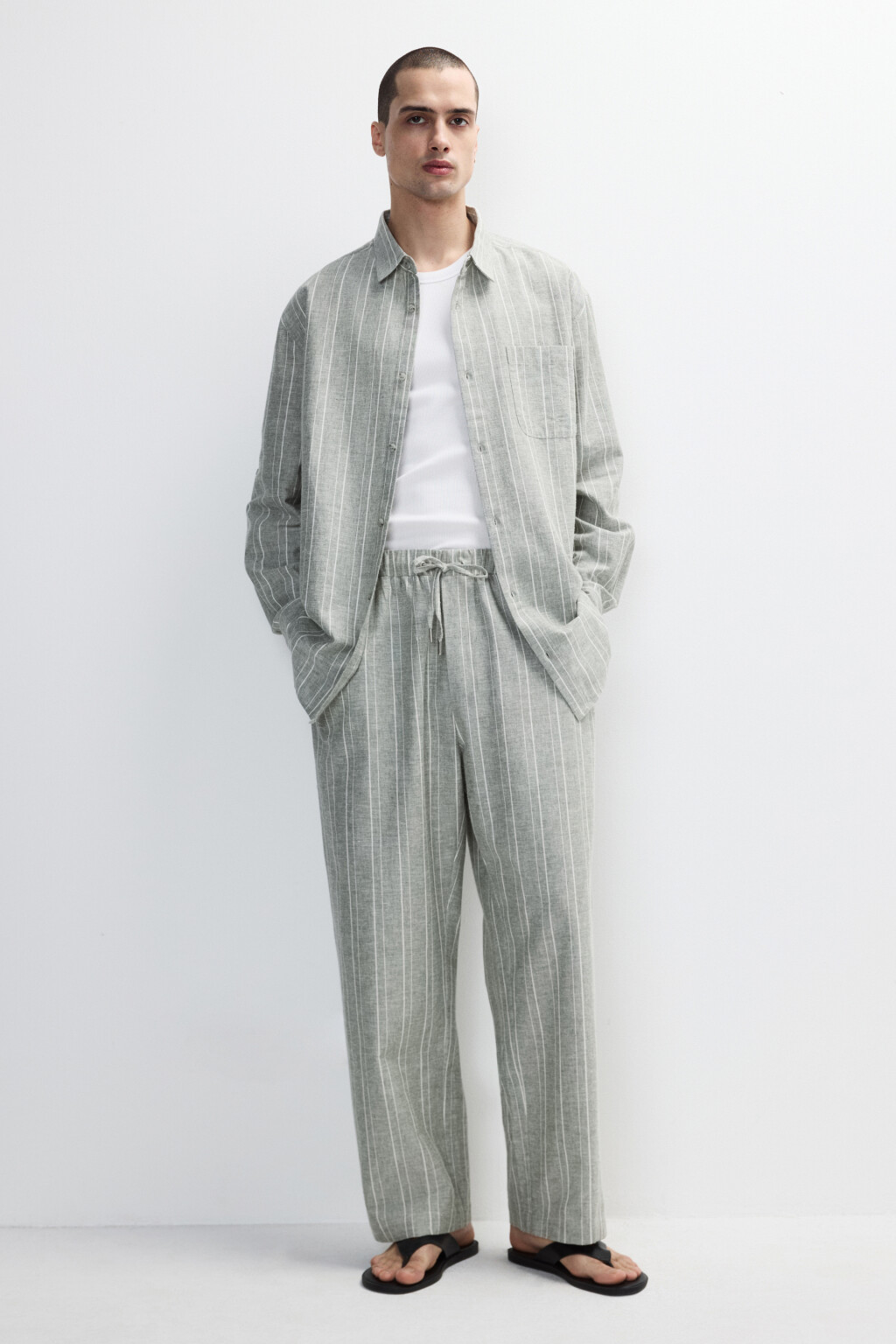 Рубашка льняная в полоску - цвет зеленый - 5