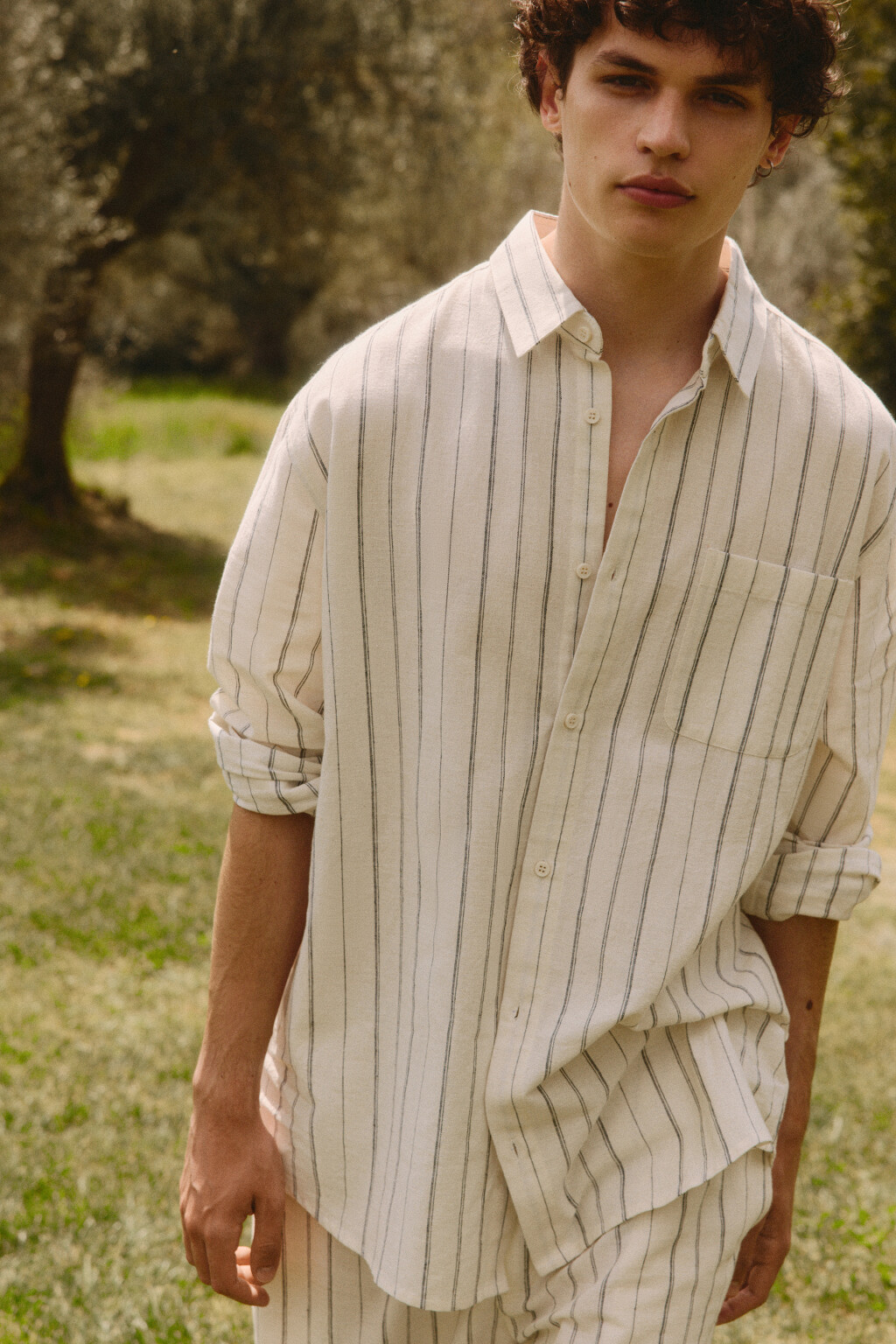 Рубашка льняная в полоску - цвет белый - 8