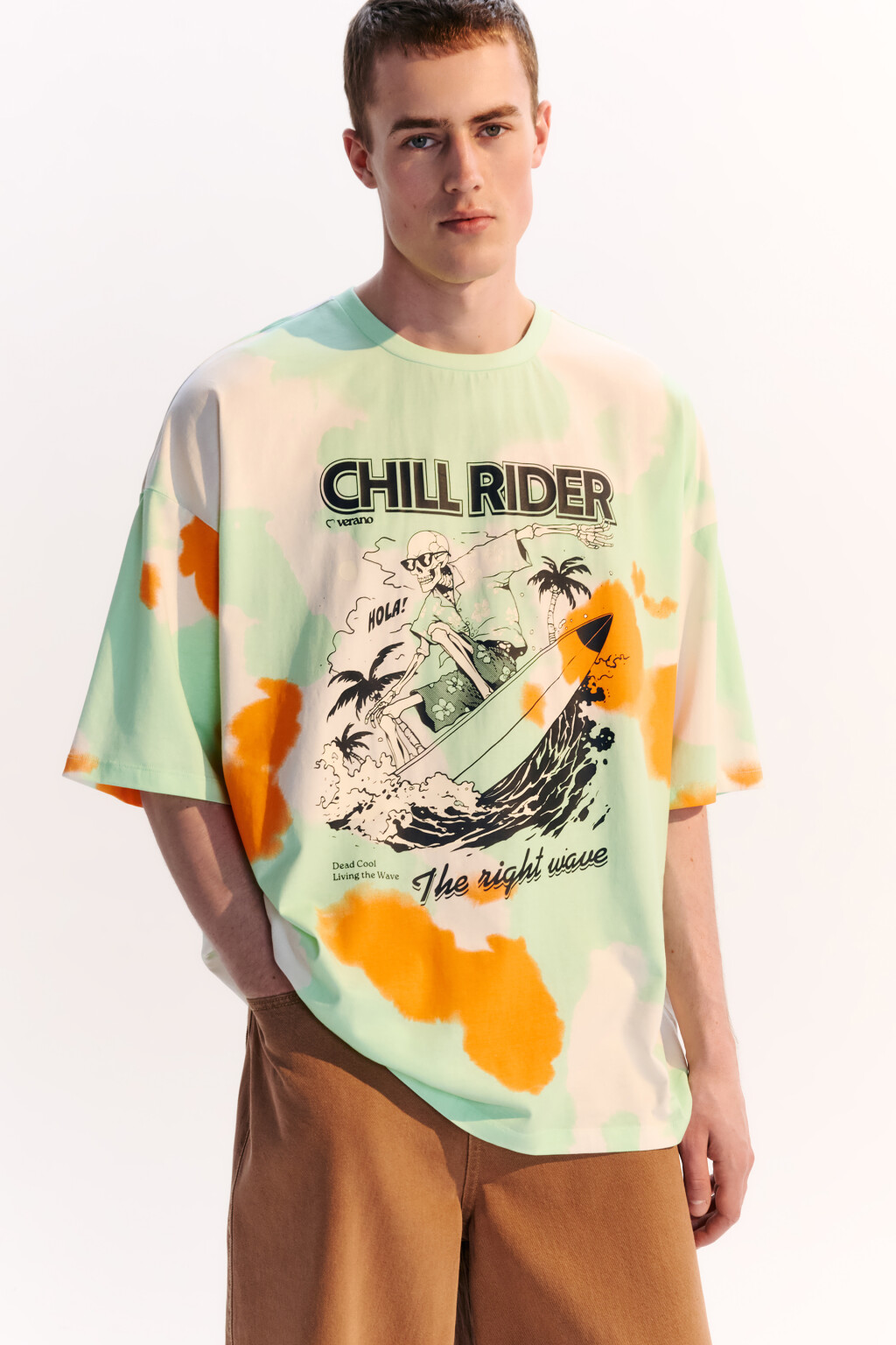 Футболка oversize с эффектом тай-дай и принтом - цвет зеленый - 1