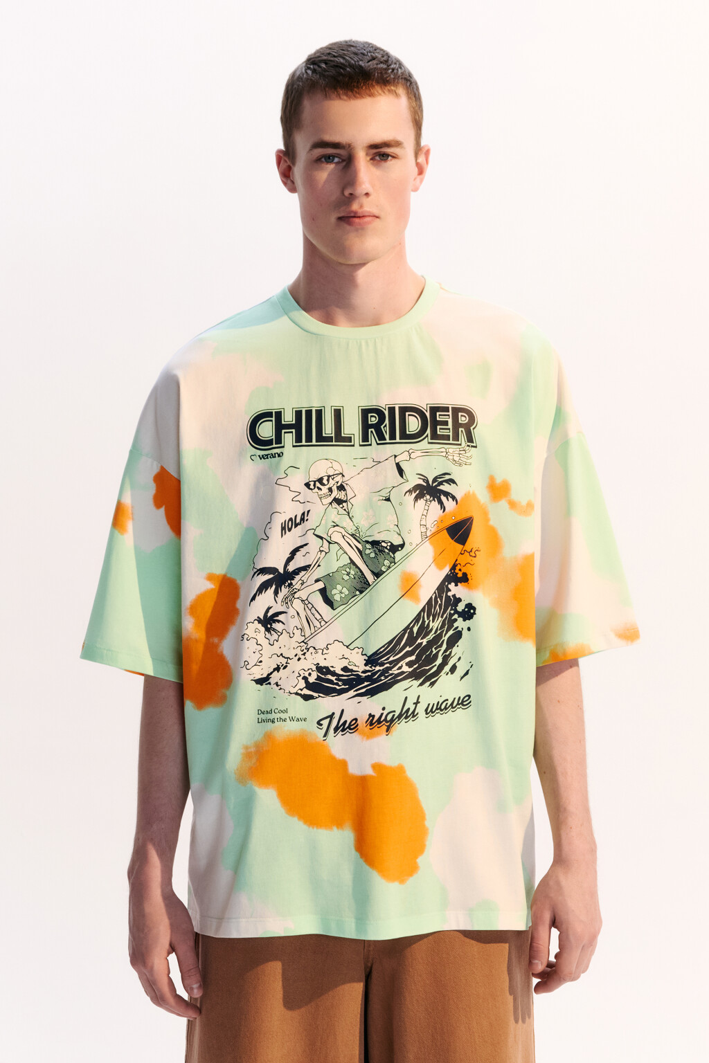 Футболка oversize с эффектом тай-дай и принтом - цвет зеленый - 2