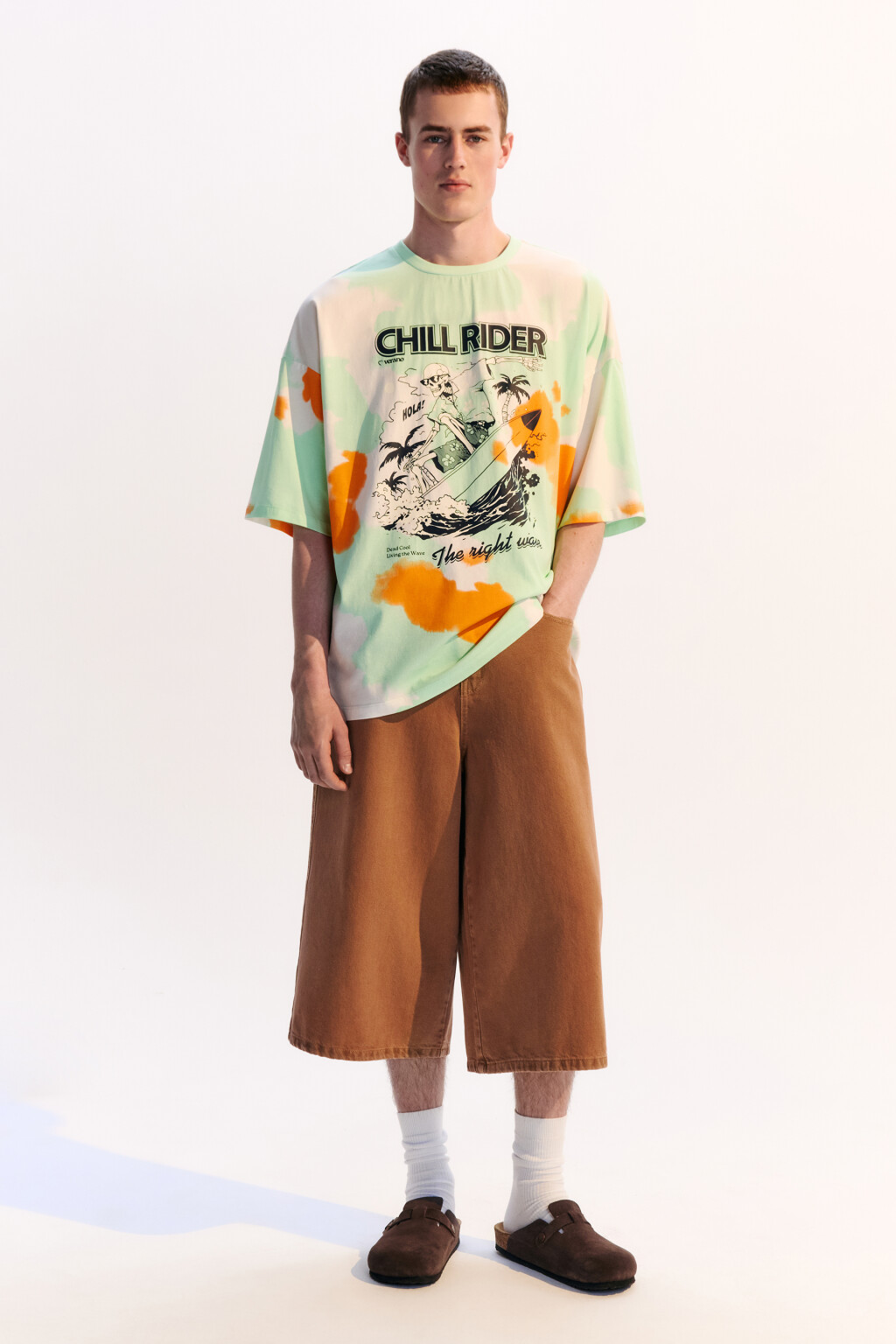 Футболка oversize с эффектом тай-дай и принтом - цвет зеленый - 4