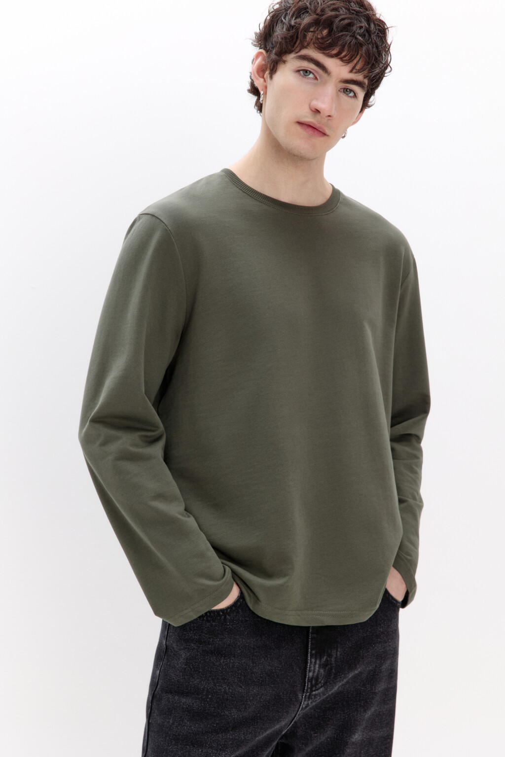 Лонгслив базовый из хлопкового футера - цвет зеленый - 1
