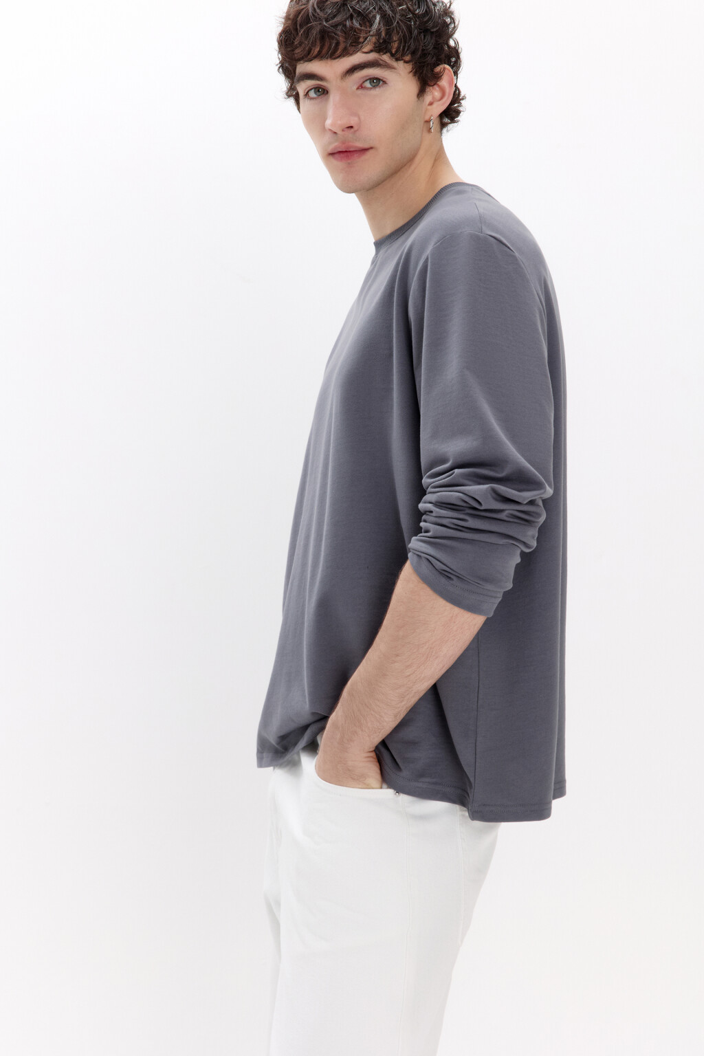 Лонгслив базовый из хлопкового футера - цвет серый - 1