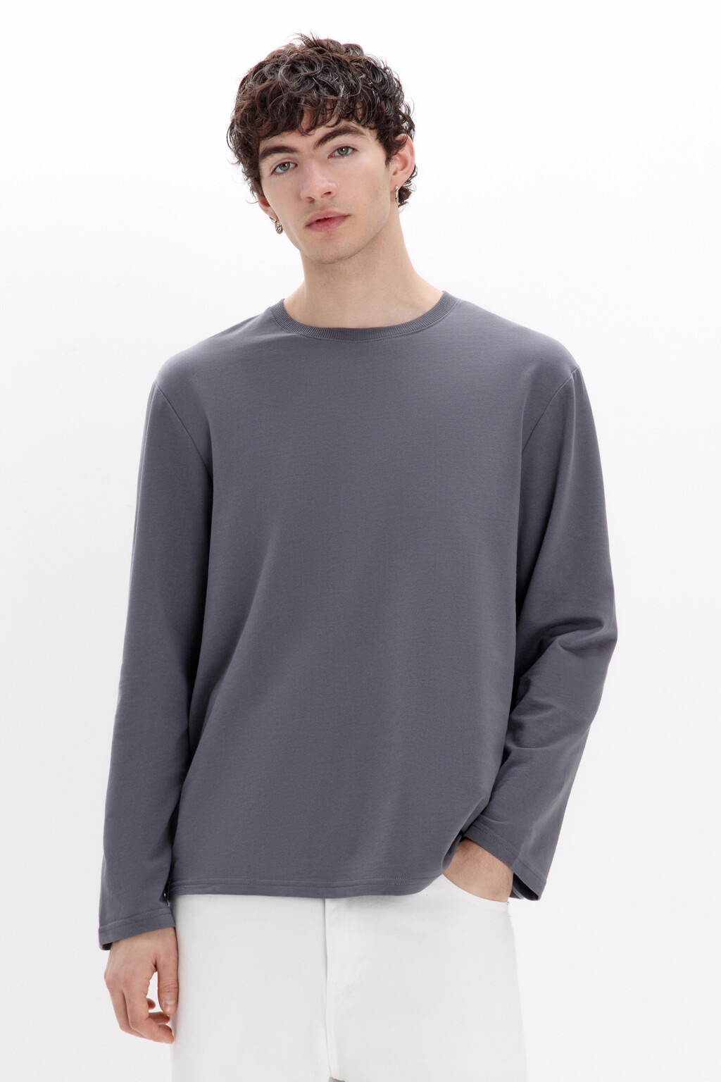 Лонгслив базовый из хлопкового футера - цвет серый - 2