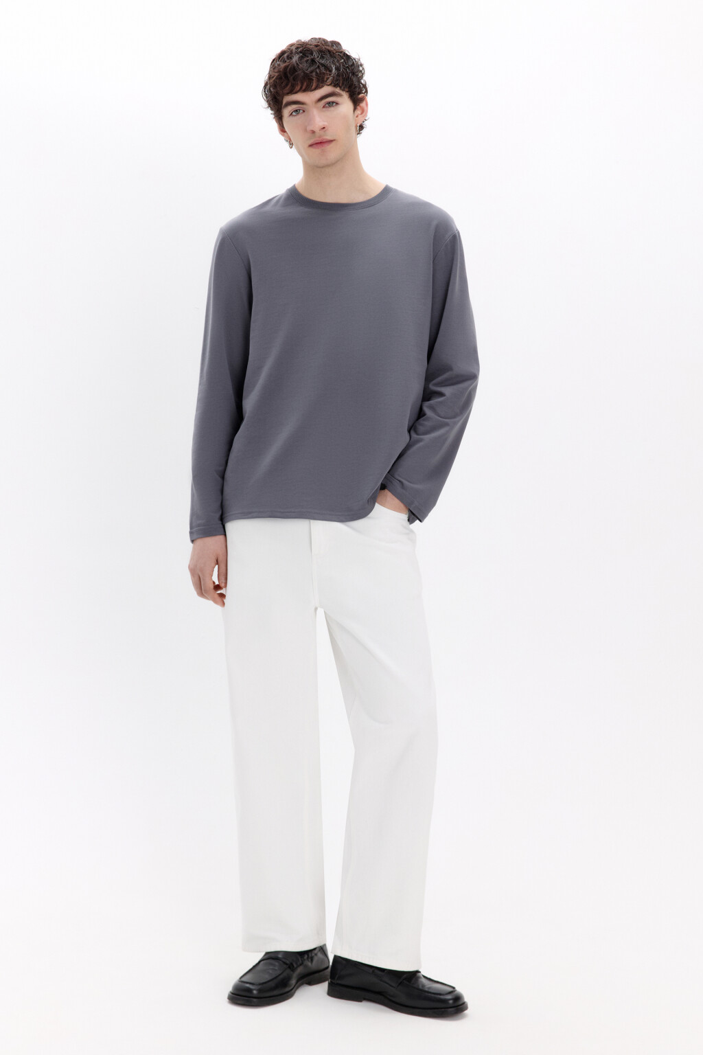 Лонгслив базовый из хлопкового футера - цвет серый - 4