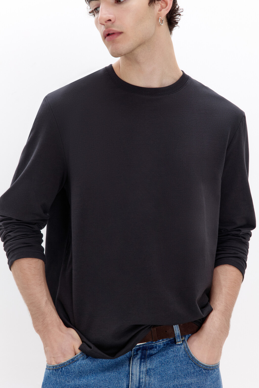 Лонгслив базовый из хлопкового футера - цвет черный - 1