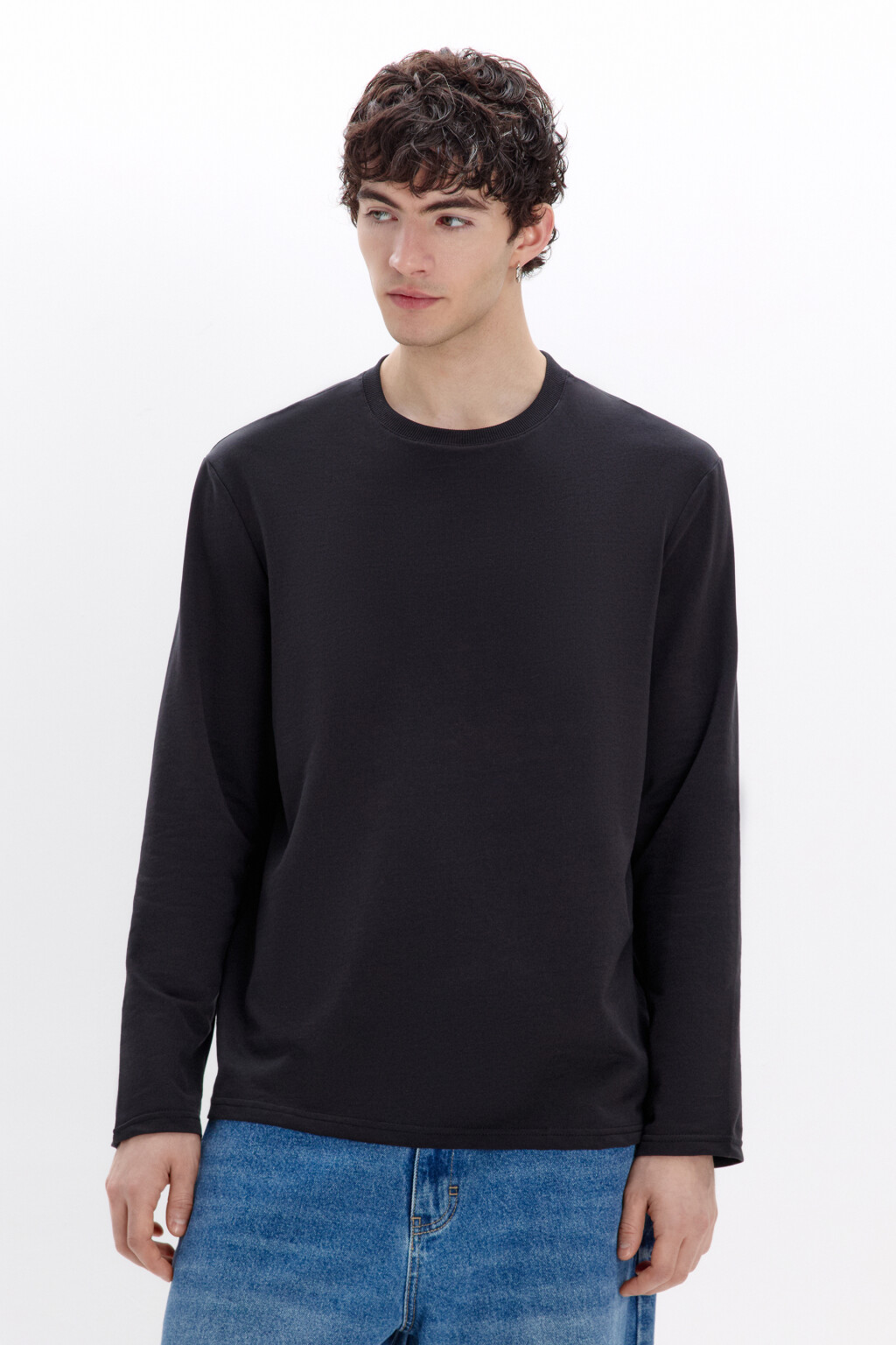 Лонгслив базовый из хлопкового футера - цвет черный - 2