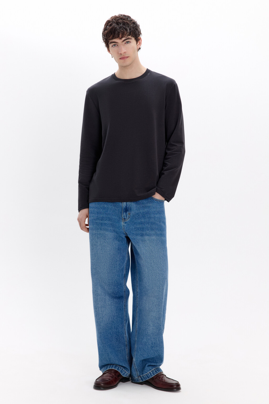 Лонгслив базовый из хлопкового футера - цвет черный - 4