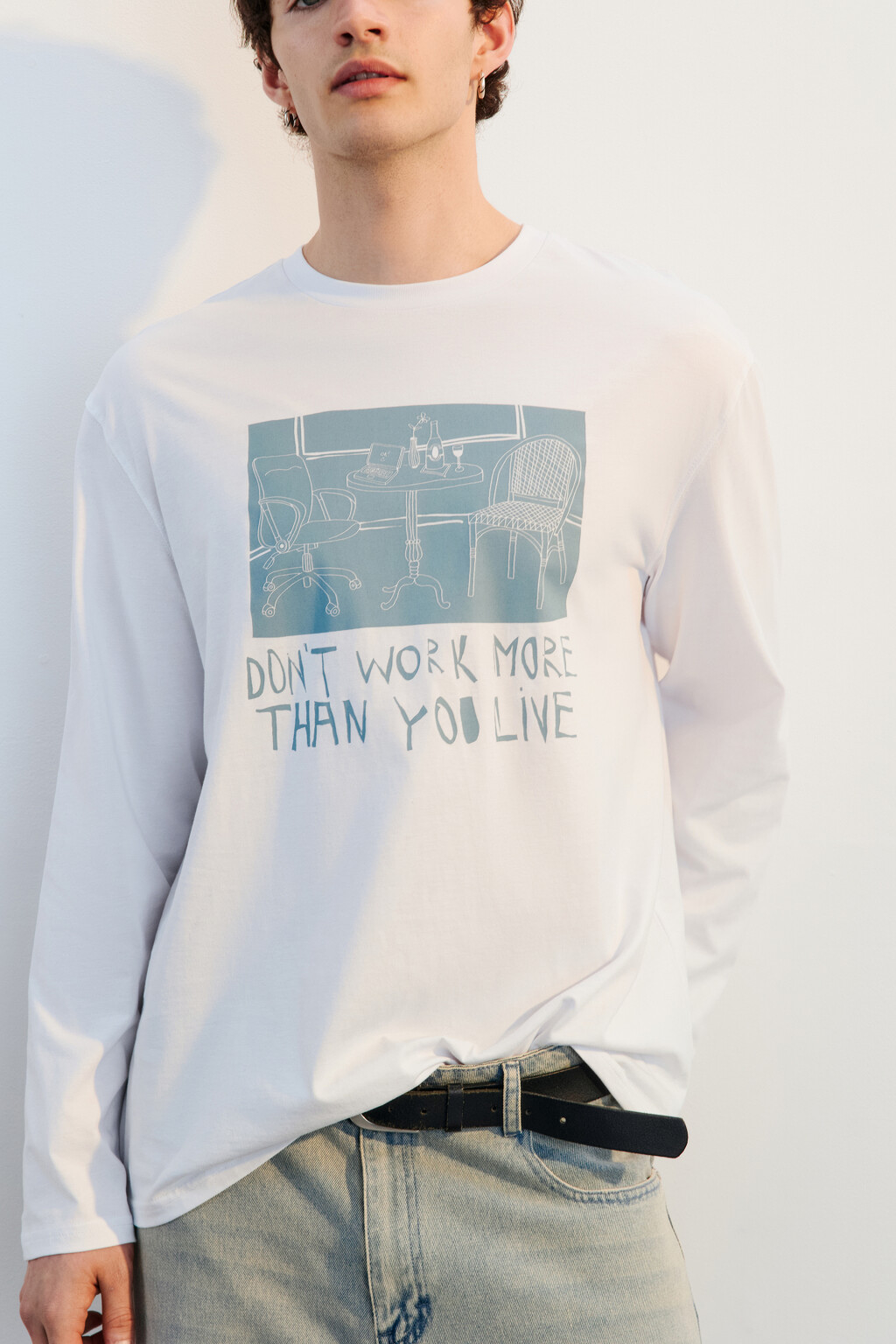 Лонгслив хлопковый с принтом - цвет белый - 1