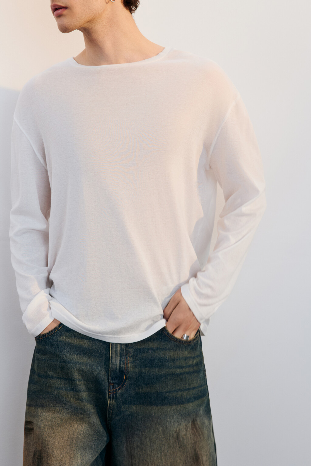 Лонгслив свободный из хлопка - цвет белый - 1