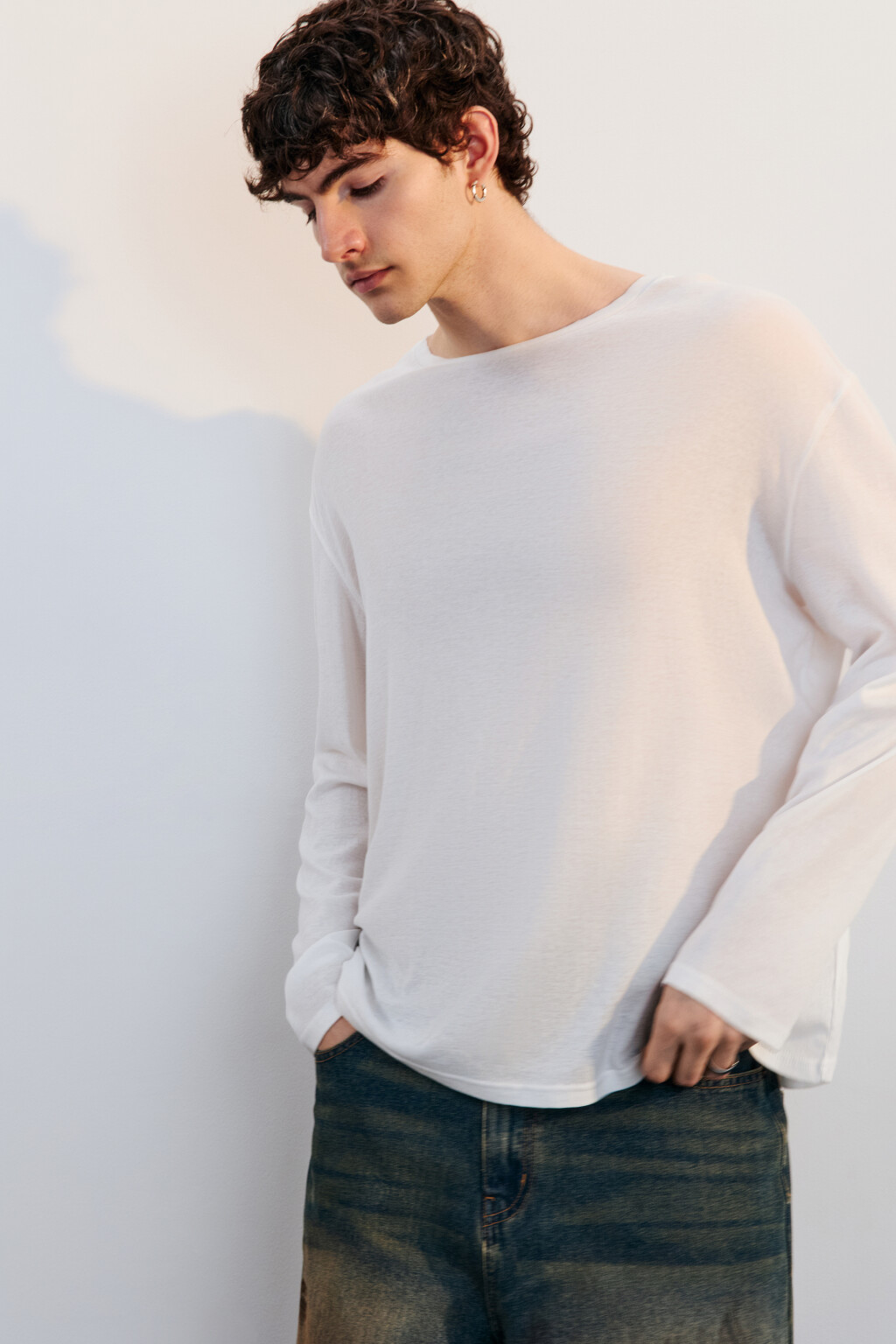 Лонгслив свободный из хлопка - цвет белый - 2