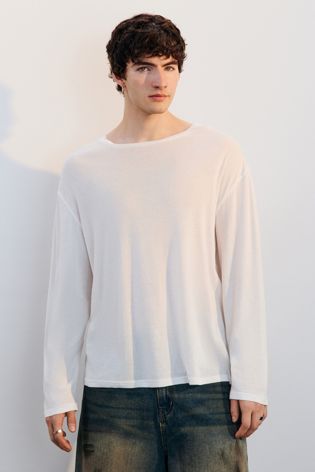Лонгслив свободный из хлопка - цвет белый - 3
