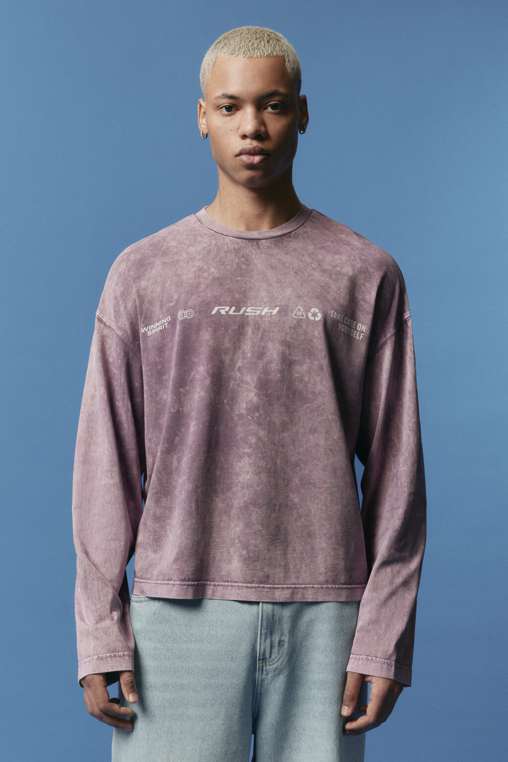 Лонгслив хлопковый с вареным эффектом и надписью - цвет фиолетовый - 3