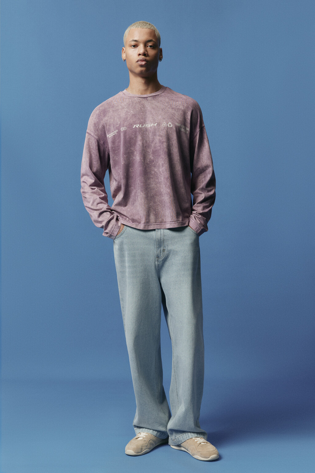 Лонгслив хлопковый с вареным эффектом и надписью - цвет фиолетовый - 5