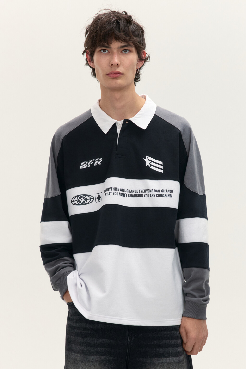 Свитшот с воротником и принтом - цвет черный - 2