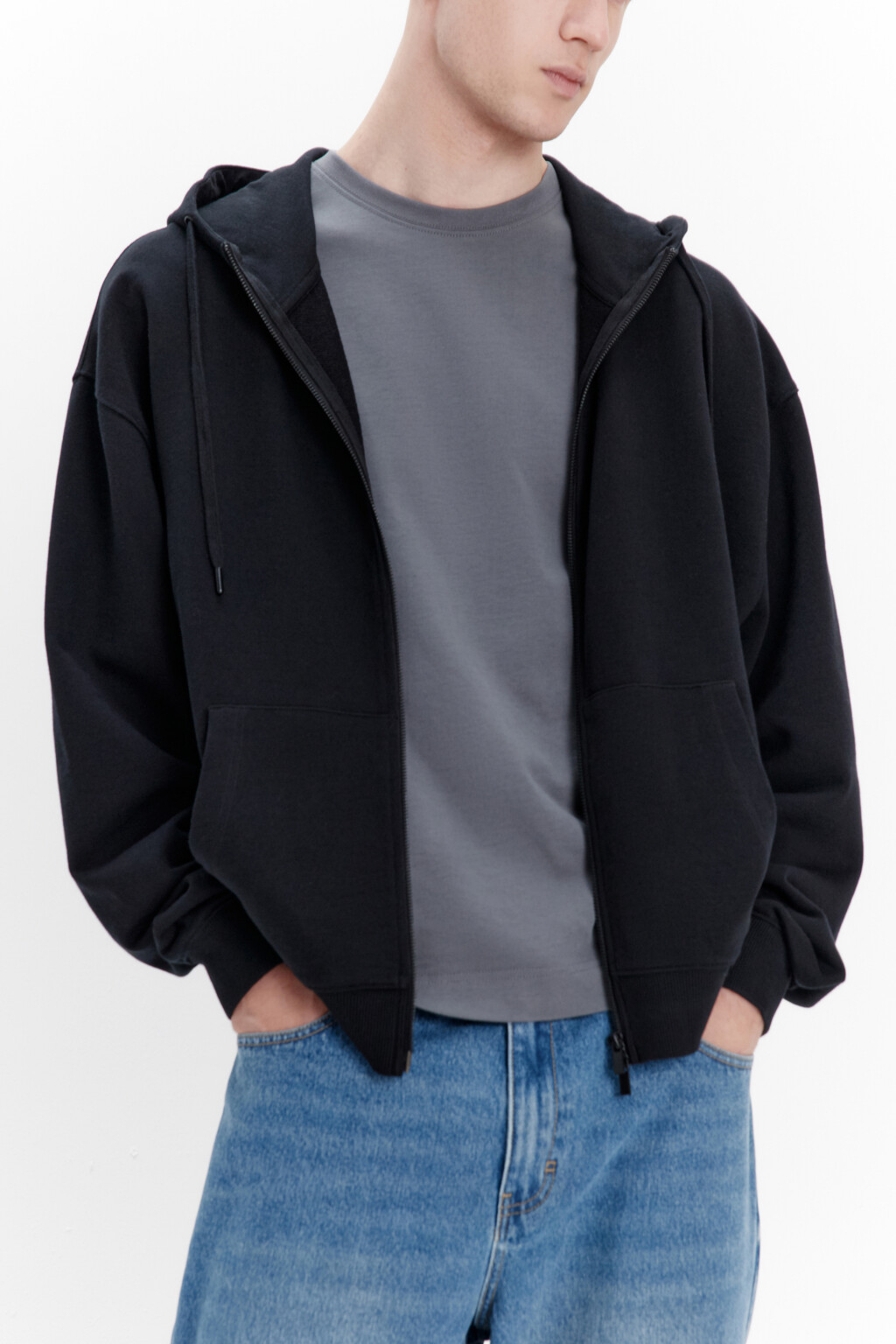 Худи-зипка из футера с капюшоном - цвет черный - 2