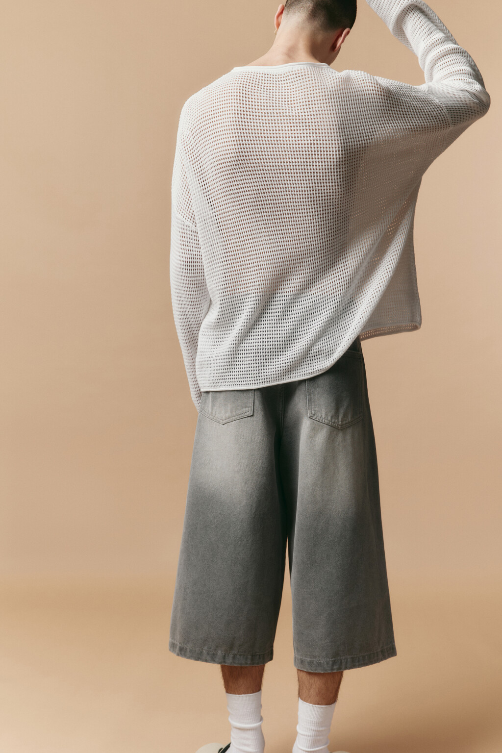 Лонгслив хлопковый из сетки - цвет белый - 1