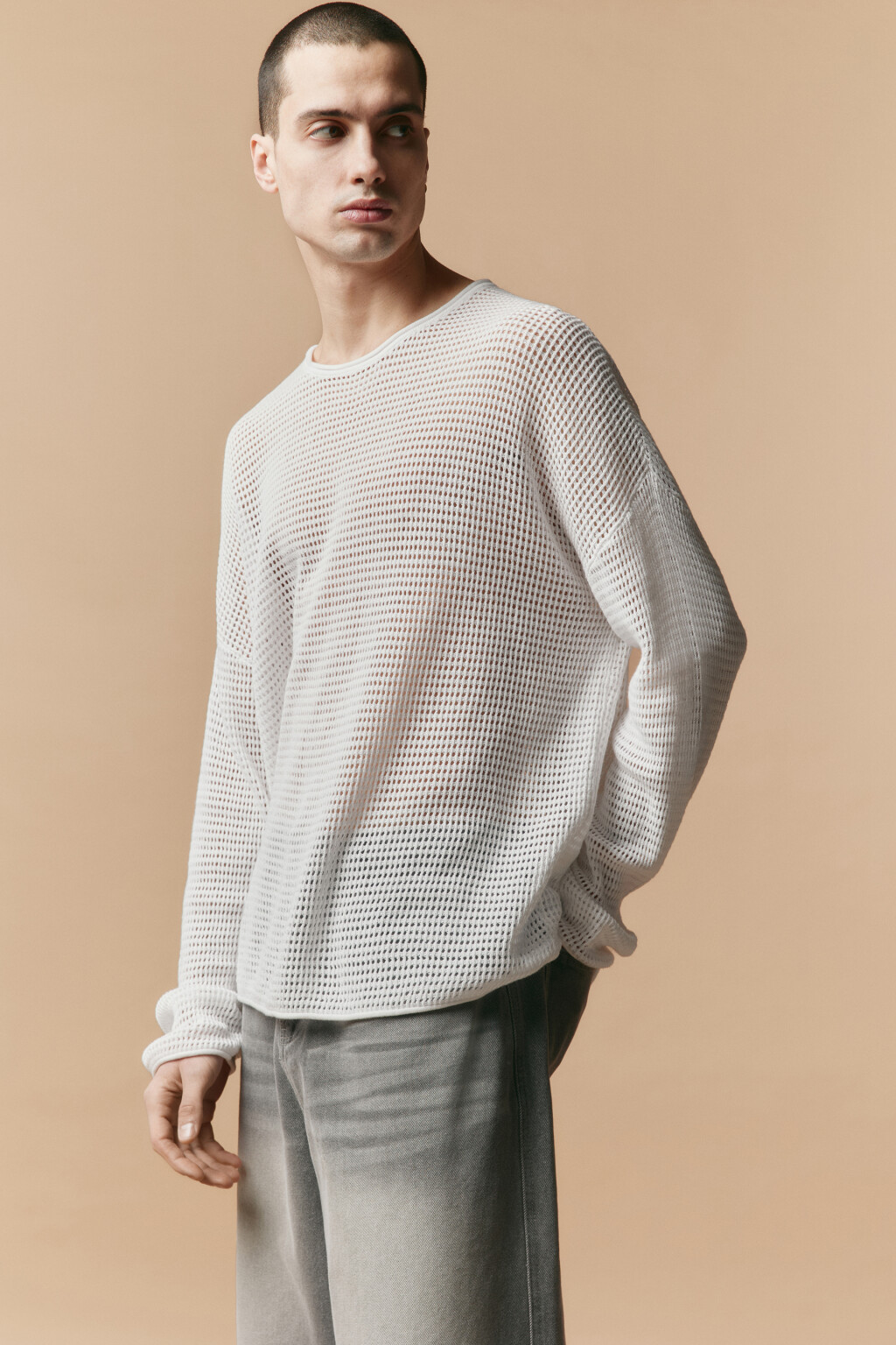 Лонгслив хлопковый из сетки - цвет белый - 2