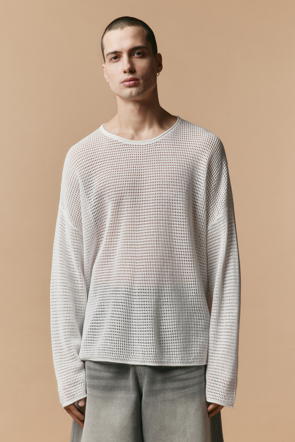Лонгслив хлопковый из сетки - цвет белый - 3