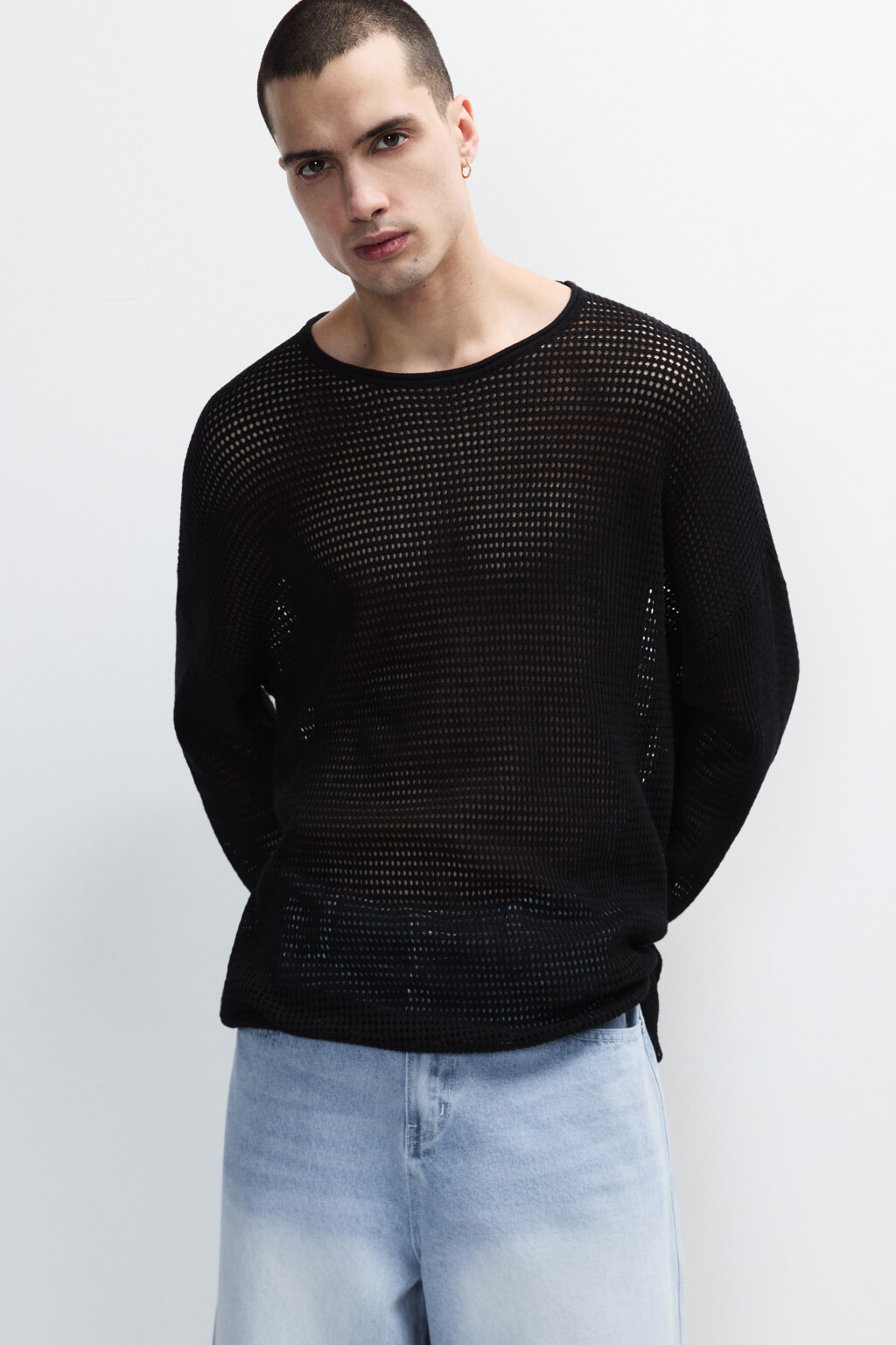 Лонгслив хлопковый из сетки - цвет черный - 1