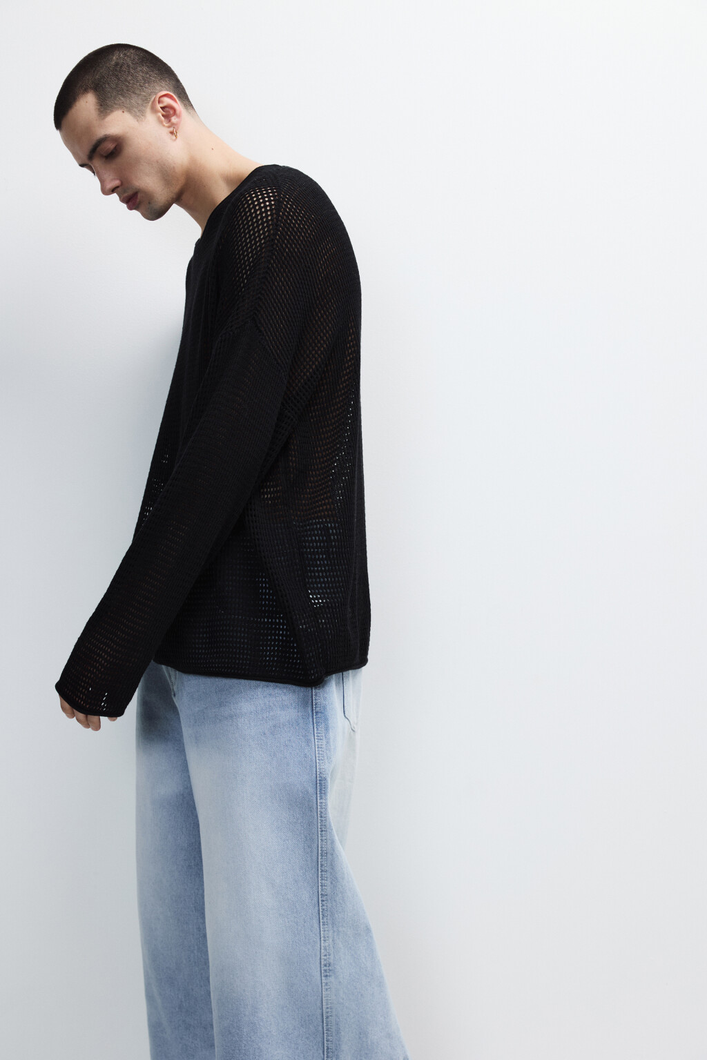 Лонгслив хлопковый из сетки - цвет черный - 2