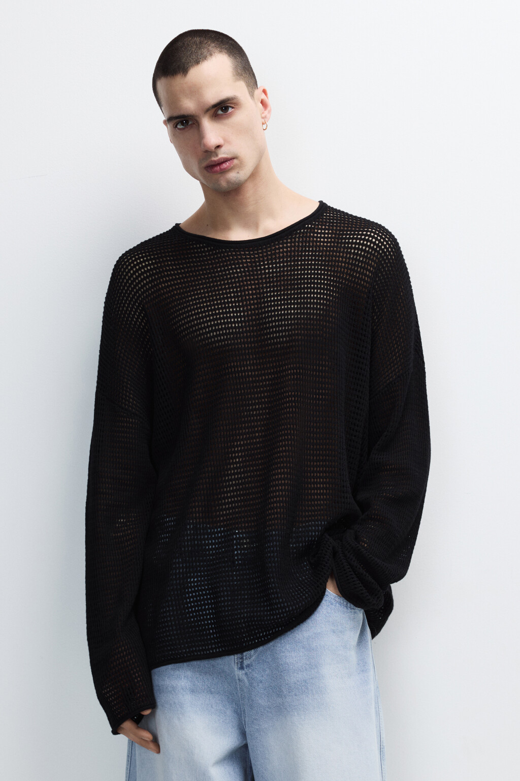 Лонгслив хлопковый из сетки - цвет черный - 3
