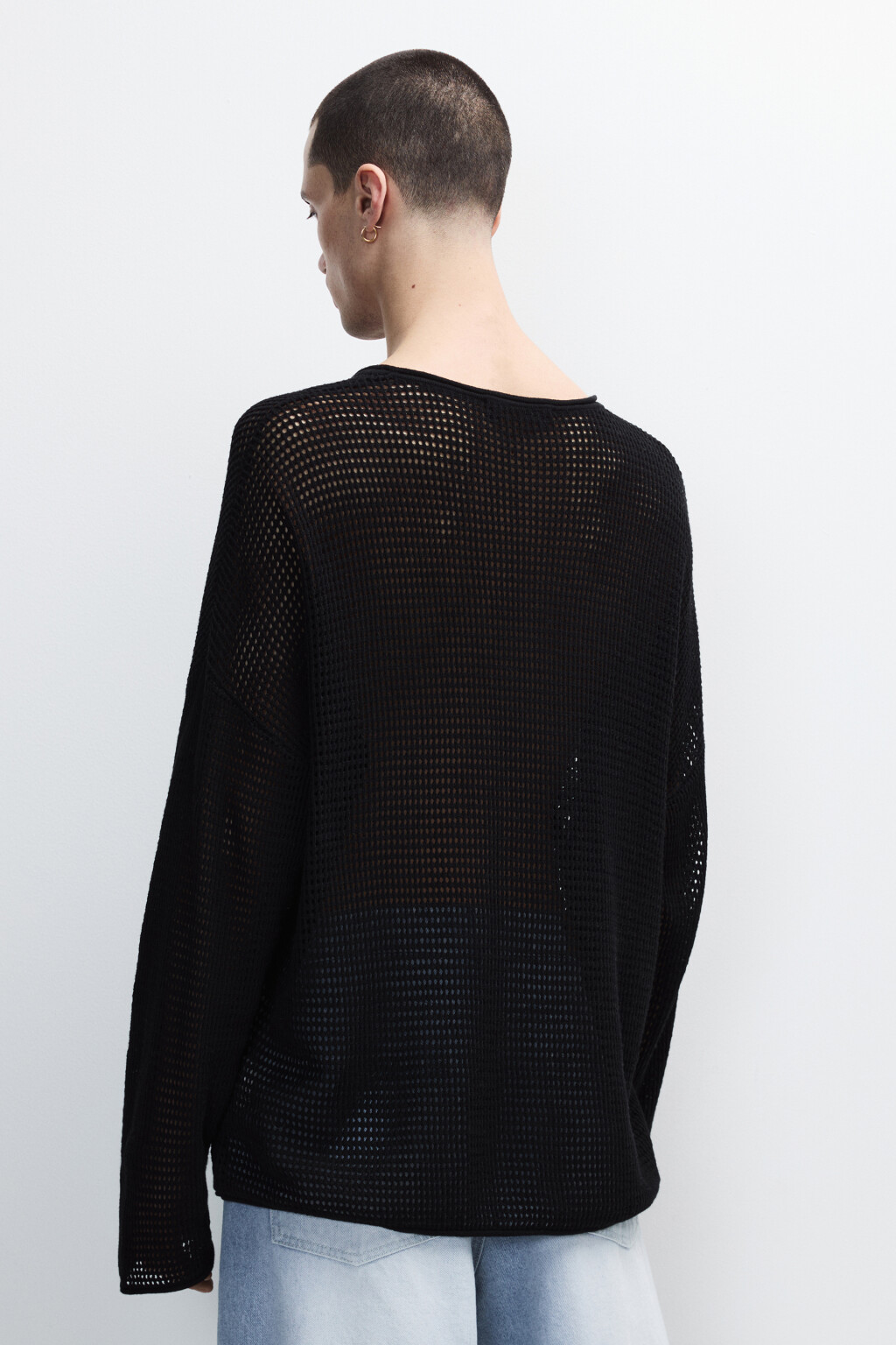 Лонгслив хлопковый из сетки - цвет черный - 4