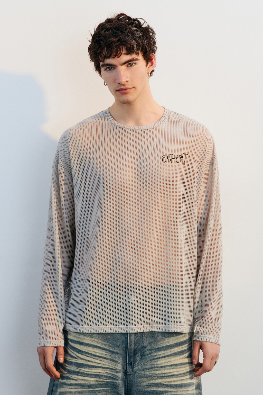 Лонгслив из сетки с принтом-надписью - цвет серый - 2