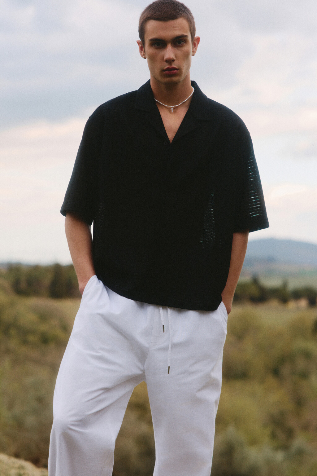 Рубашка ажурная с коротким рукавом - цвет черный - 8