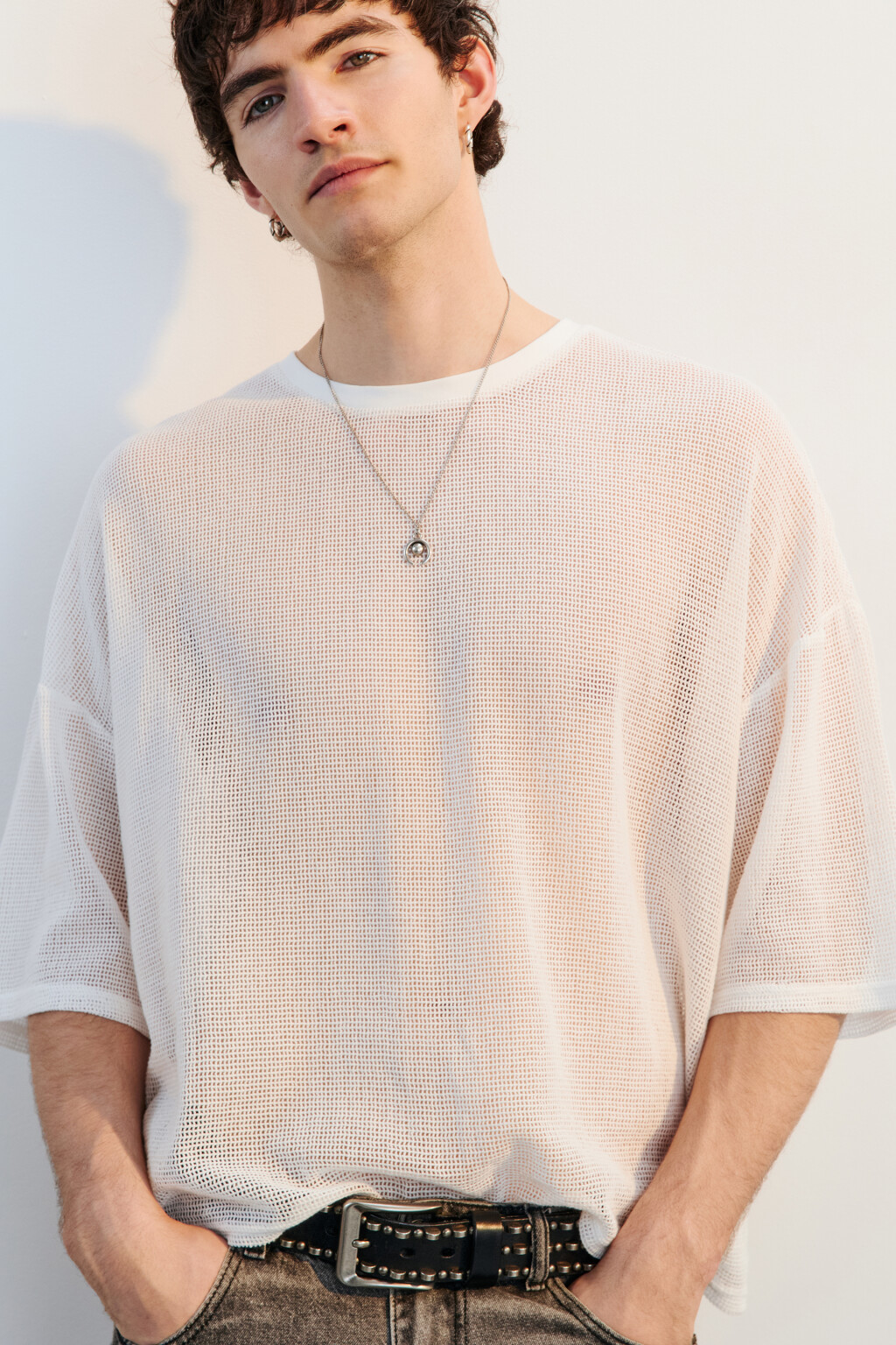 Футболка oversize хлопковая из сетки - цвет белый - 1