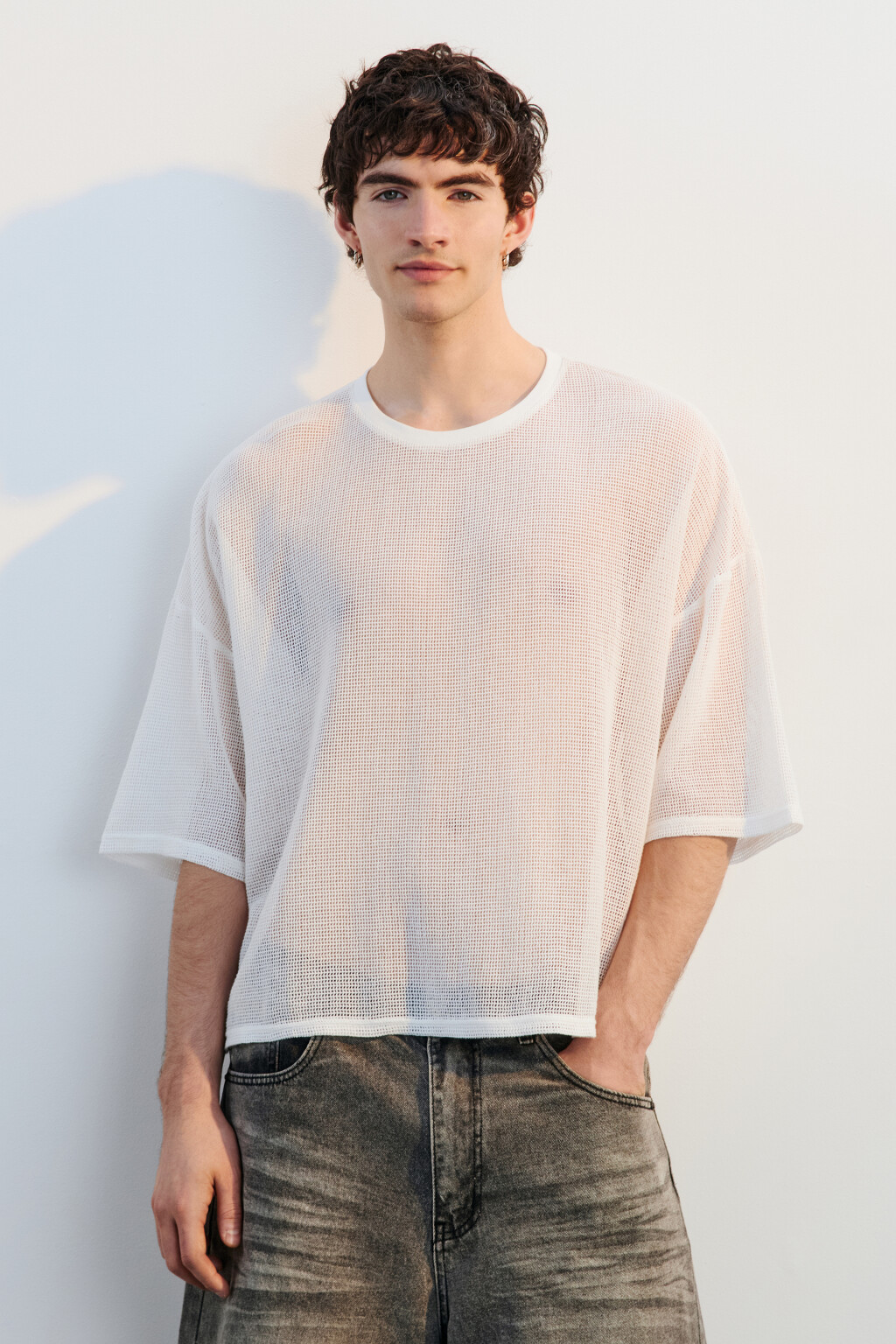 Футболка oversize хлопковая из сетки - цвет белый - 2