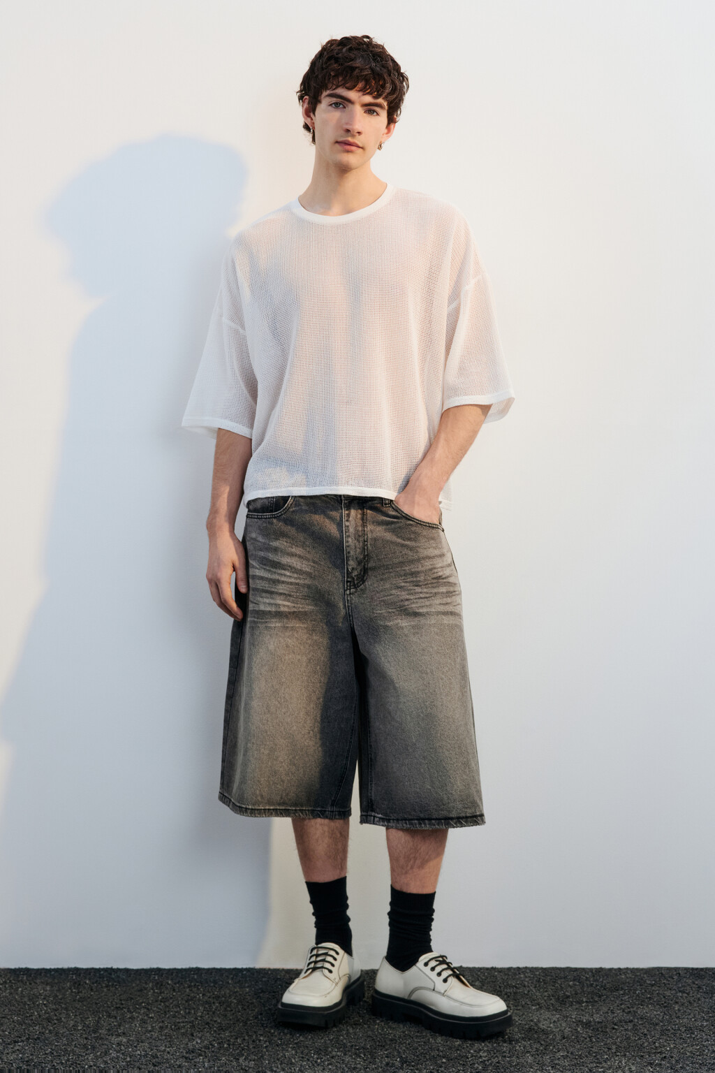 Футболка oversize хлопковая из сетки - цвет белый - 4