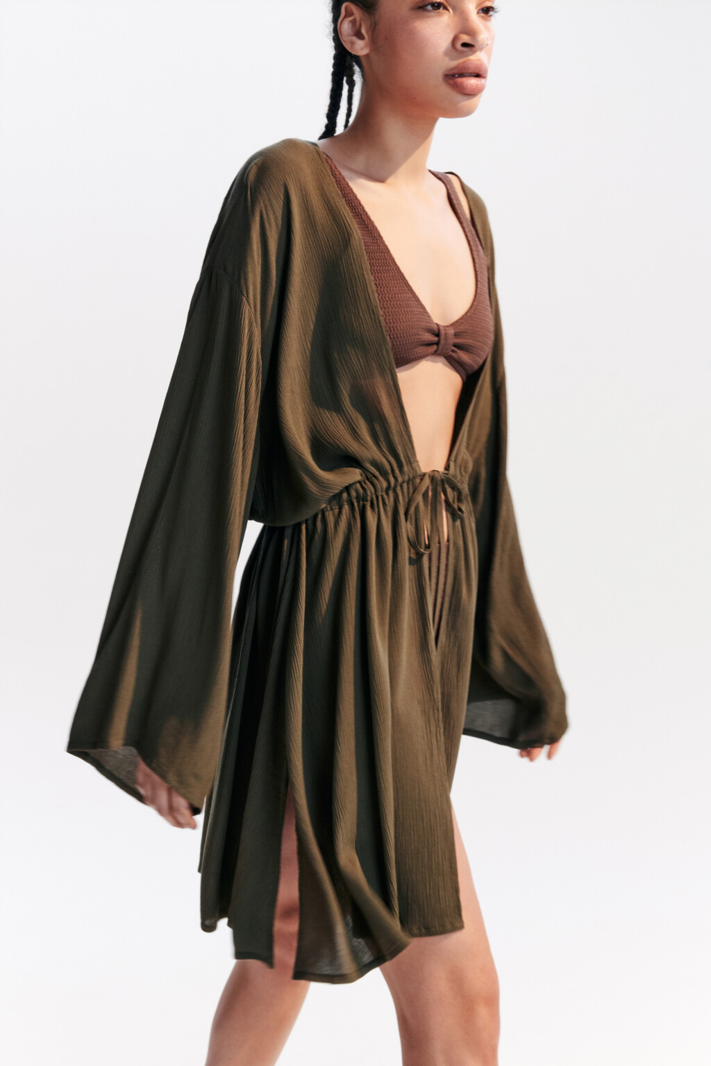 Туника пляжная вискозная с поясом - цвет зеленый - 1