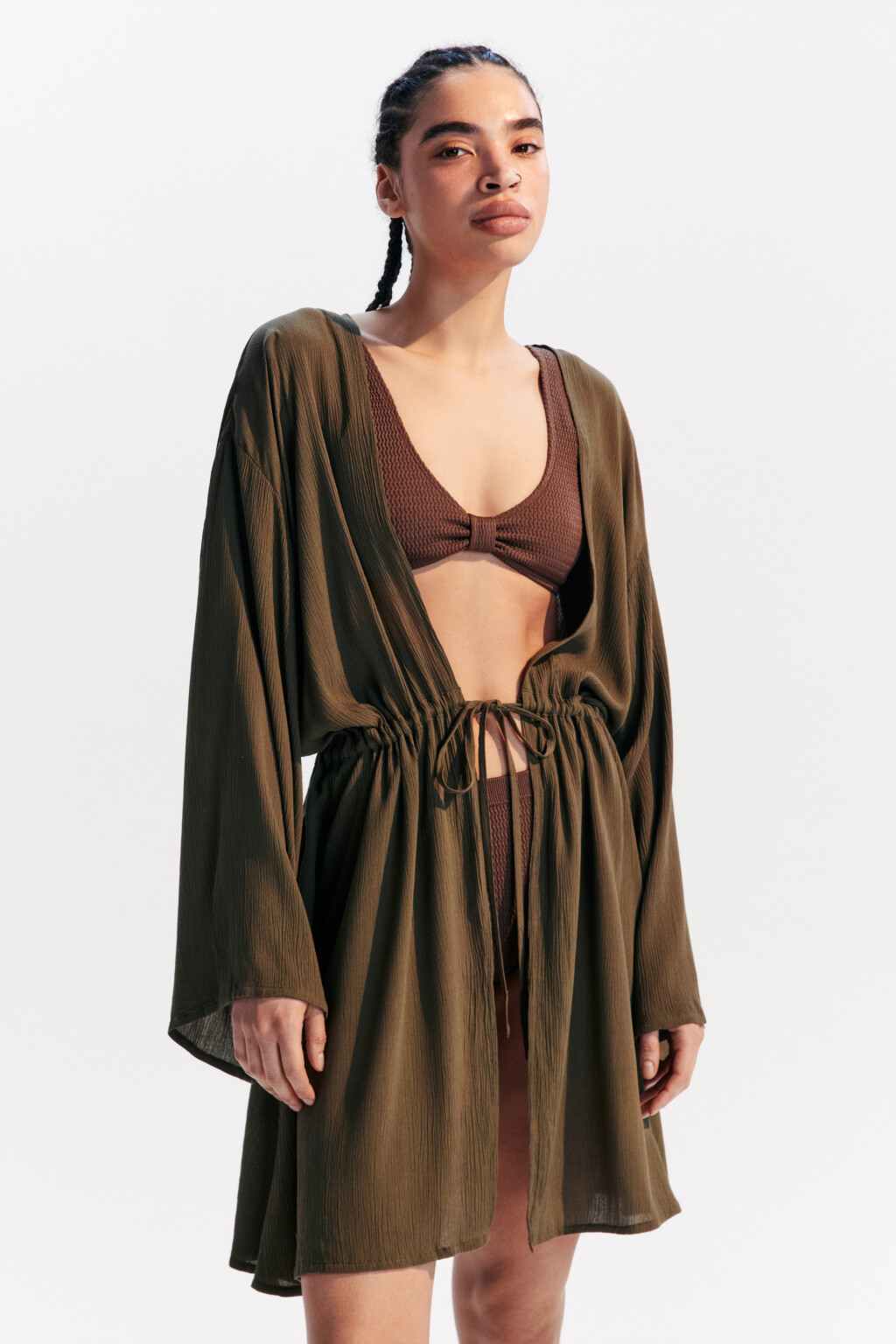 Туника пляжная вискозная с поясом - цвет зеленый - 2