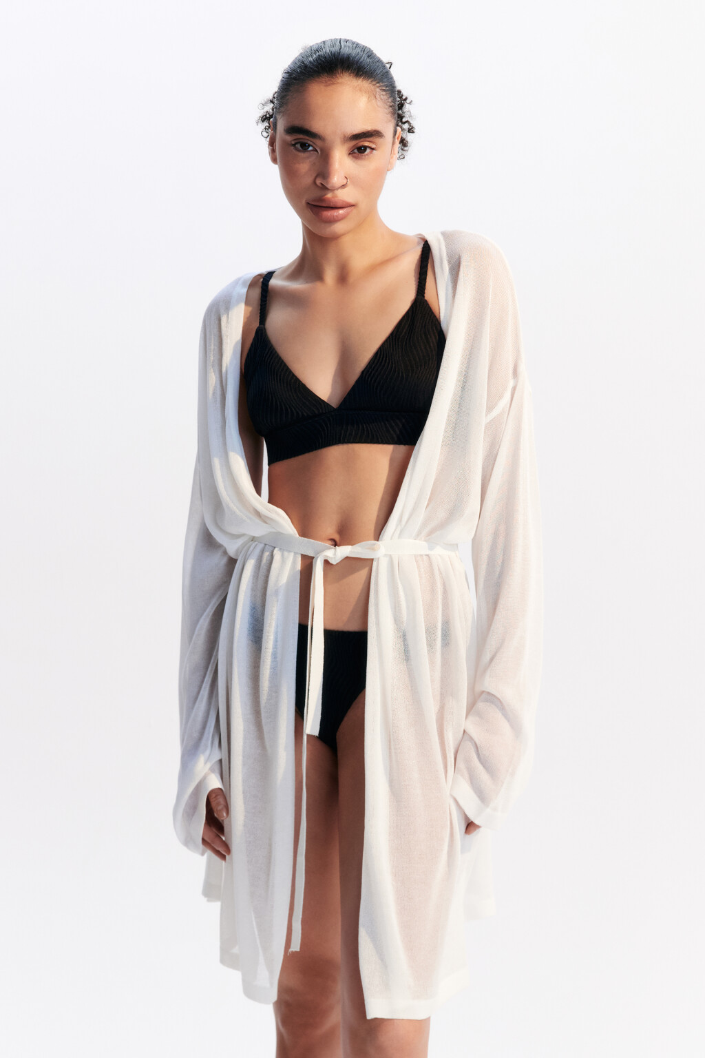 Кардиган с поясом пляжный из вискозы - цвет белый - 3