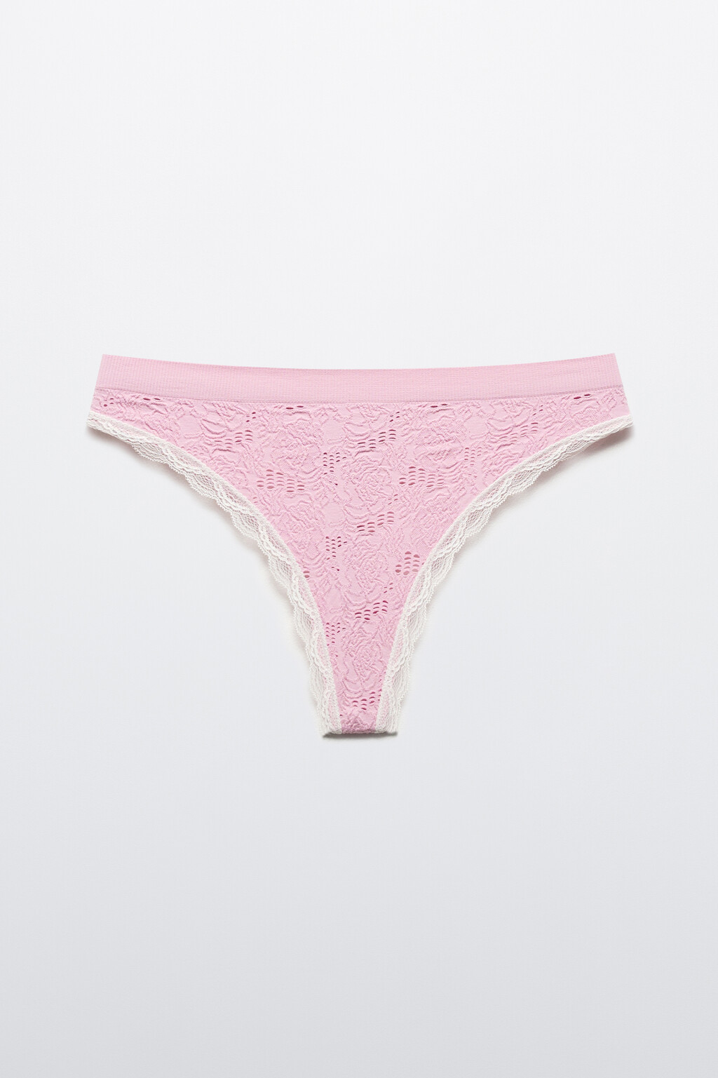Трусы-стринги в рубчик с кружевом - цвет розовый - 5