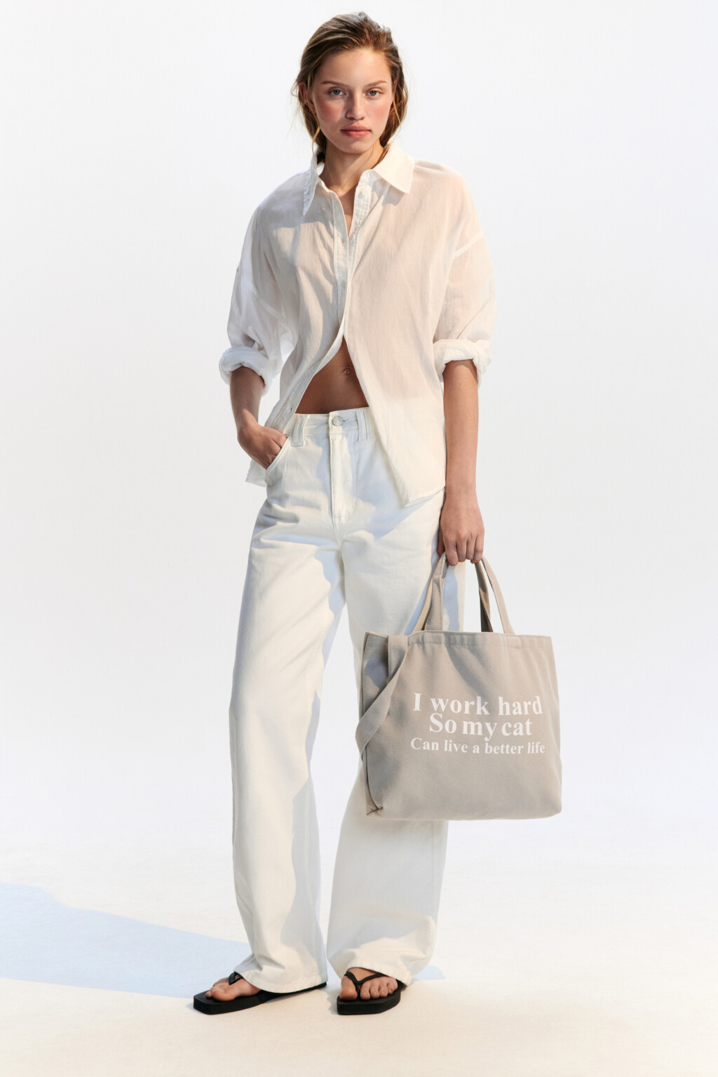 Сумка-шопер текстильная с принтом - цвет серый - 2