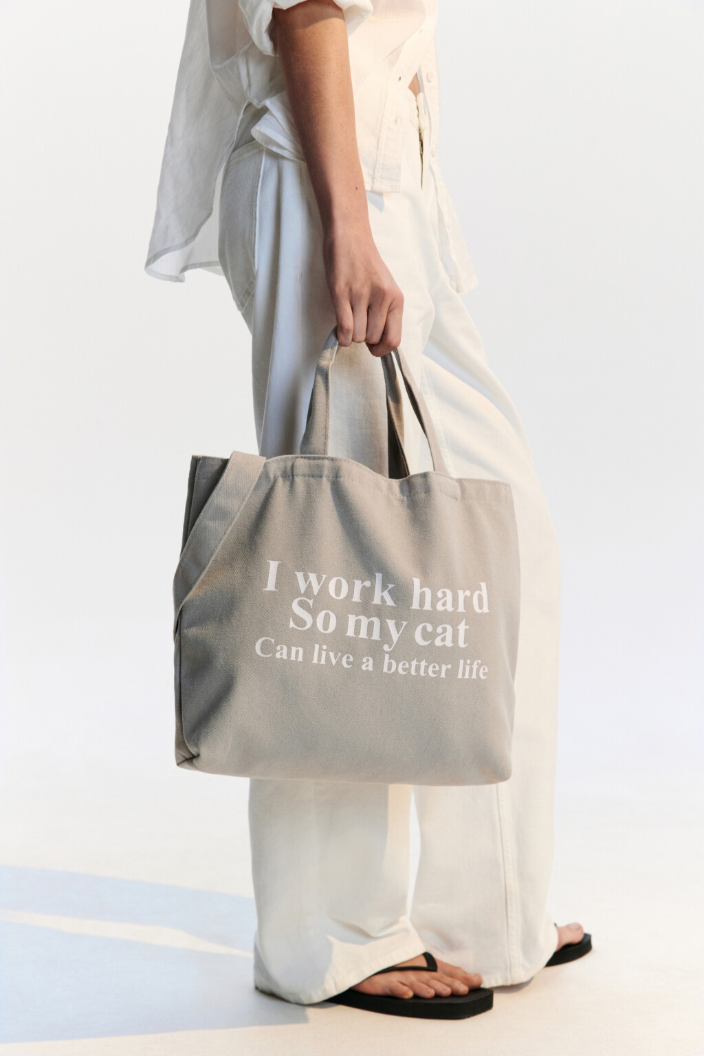 Сумка-шопер текстильная с принтом - цвет серый - 1