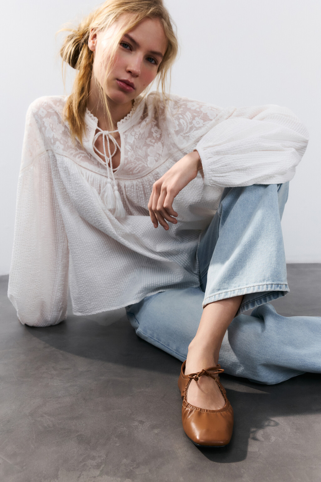 Балетки мягкие с квадратным носом и завязками - цвет коричневый - 1