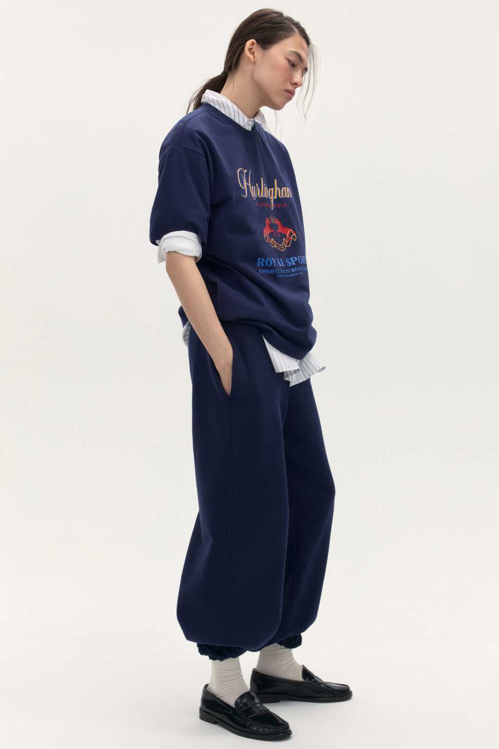 Брюки-джоггеры широкие из футера - цвет синий - 1